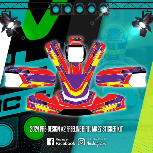 2024 Freeline Birel MK27 kart sticker kit with red, purple, and yellow graphic design