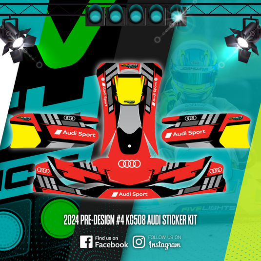 2024 KG508 Audi kart sticker kit with red, yellow, and black motorsport graphics.