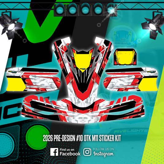 OTK M11 kart sticker kit with red, black, white, and yellow graphic design elements