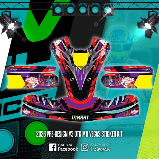 2026 OTK M11 Vegas kart sticker kit with vibrant neon colors and Las Vegas graphics