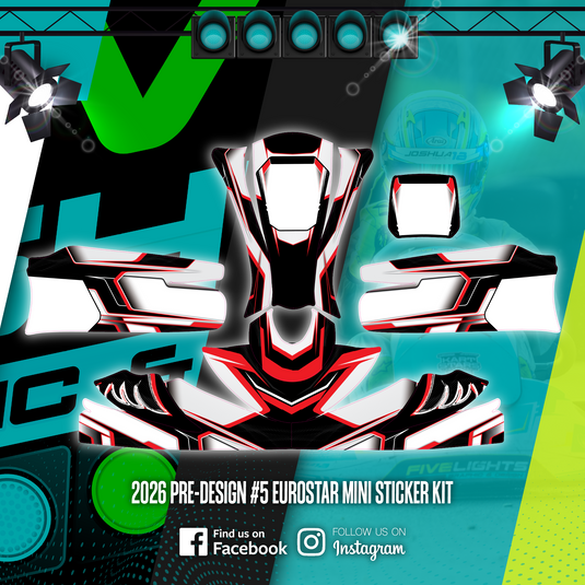 Eurostar mini kart sticker kit with red, black, and white graphics, motorsport theme