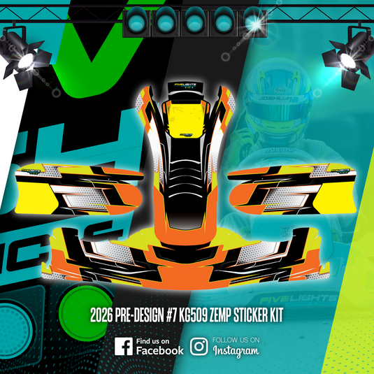 Vibrant kart sticker kit with orange, yellow, and black graphics for motorsport customization