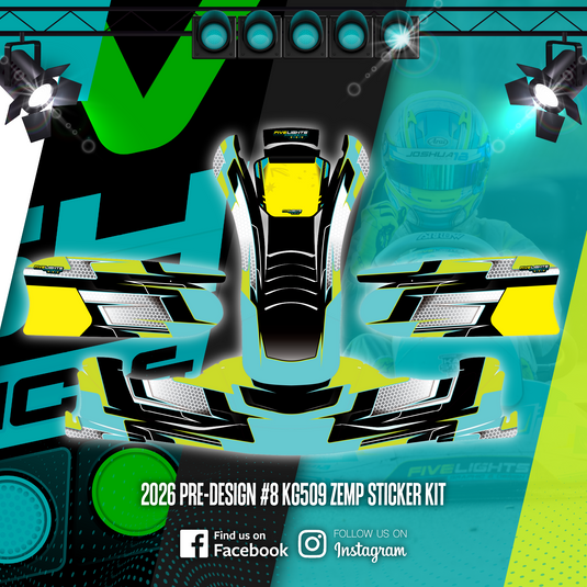 Modern kart sticker kit design in black, yellow, and teal with geometric graphics.