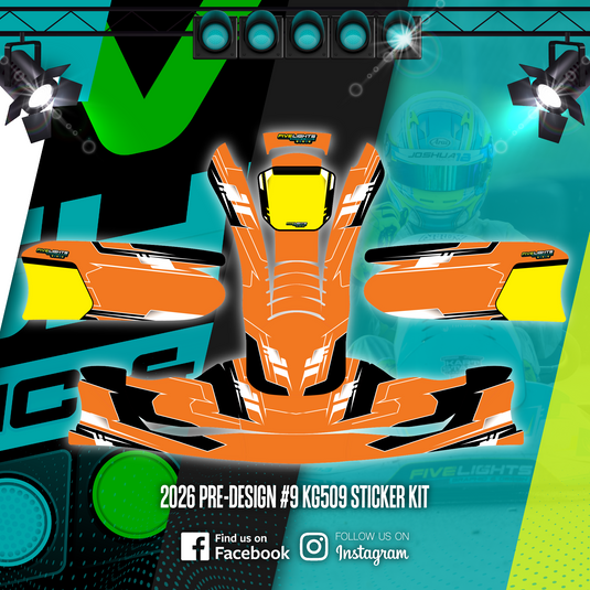 Orange and yellow kart sticker kit design with bold graphics and motorsport theme.