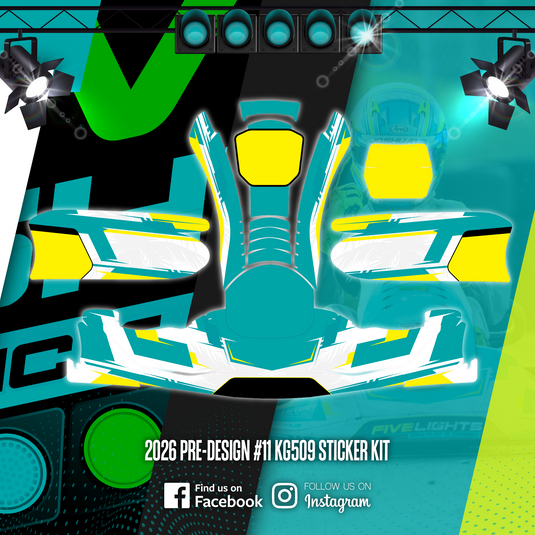 Colorful teal, yellow, and white kart sticker kit design for go-kart body, motorsport graphics.