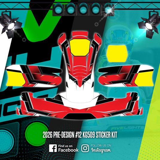 Red, black, yellow and white karting sticker kit design for 2026 KG509, motorsport graphics