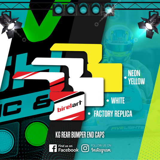 KG rear bumper end caps for karting, available in neon yellow, white, and factory replica.