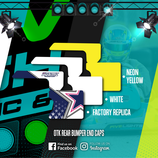 OTK rear bumper end caps for karting in neon yellow, white, and factory replica designs.