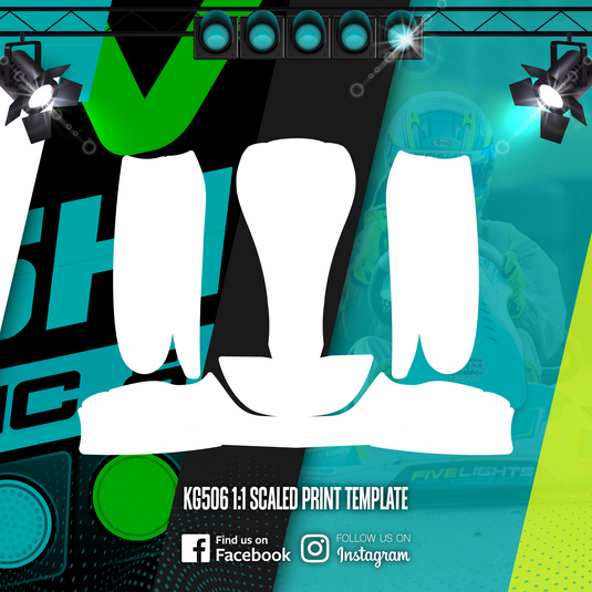 KG506 kart sticker template with white outlines over motorsport-themed background