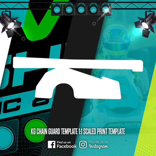 KG chain guard template outline for kart, motorsport-themed background with racer image