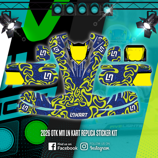 2026 OTK M11 LN Kart replica sticker kit with blue and yellow racing graphics.
