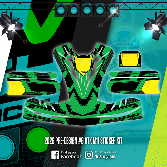 Green and yellow OTK M11 kart sticker kit with bold geometric graphics, 2026 pre-design.