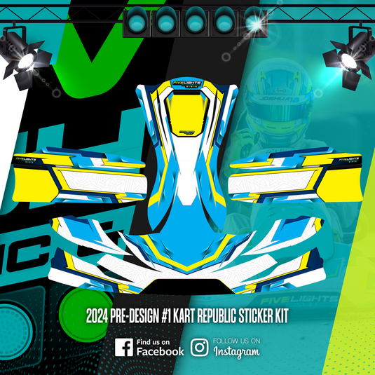 Colorful blue, yellow, and white Kart Republic go-kart sticker kit display on graphic backdrop