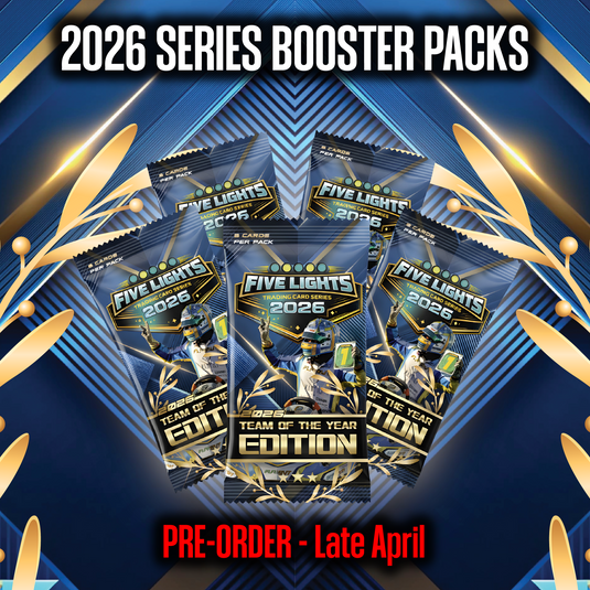 2026 series booster packs for trading cards featuring racing driver artwork, pre-order late April