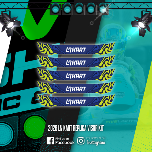 2026 LN Kart replica visor kit with blue and yellow racing graphics, motorsport background